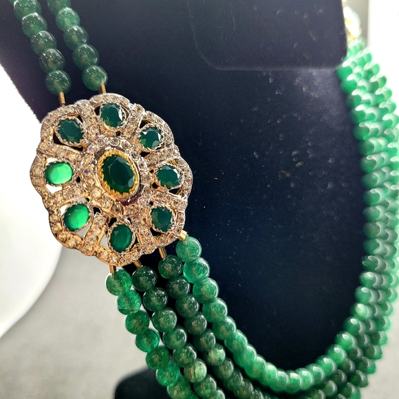 NATURAL 4 STRAND GREEN EMERALD ROUND BEADS NECKLAC - Picture 3 of 10